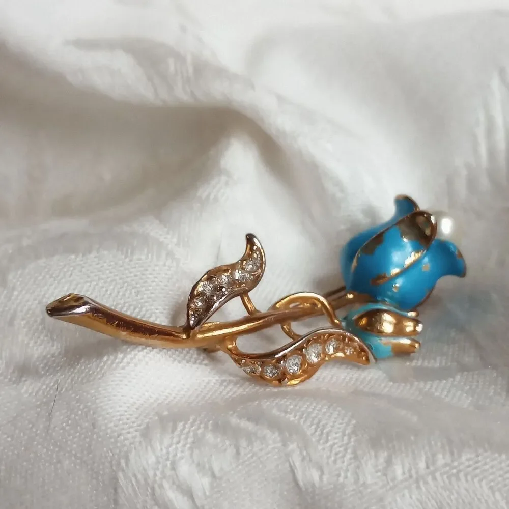 Enameled Teal Vintage Tulip Flower Brooch, Rhinestones faux pearl pot metal 2.5